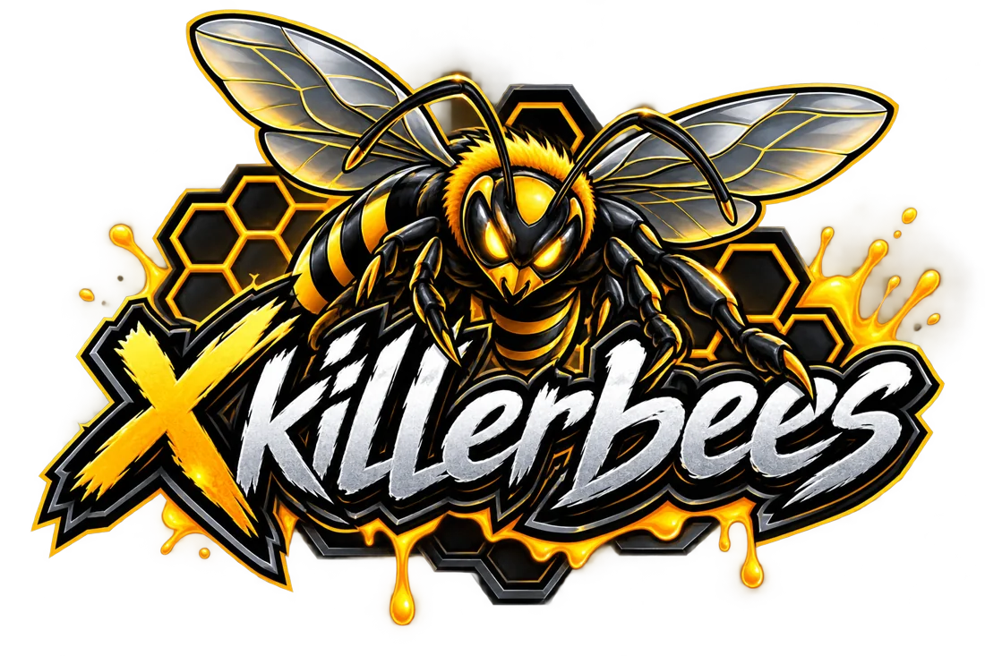 xKillerbees — a hornet over a honeycomb, wordmark in brushed chrome