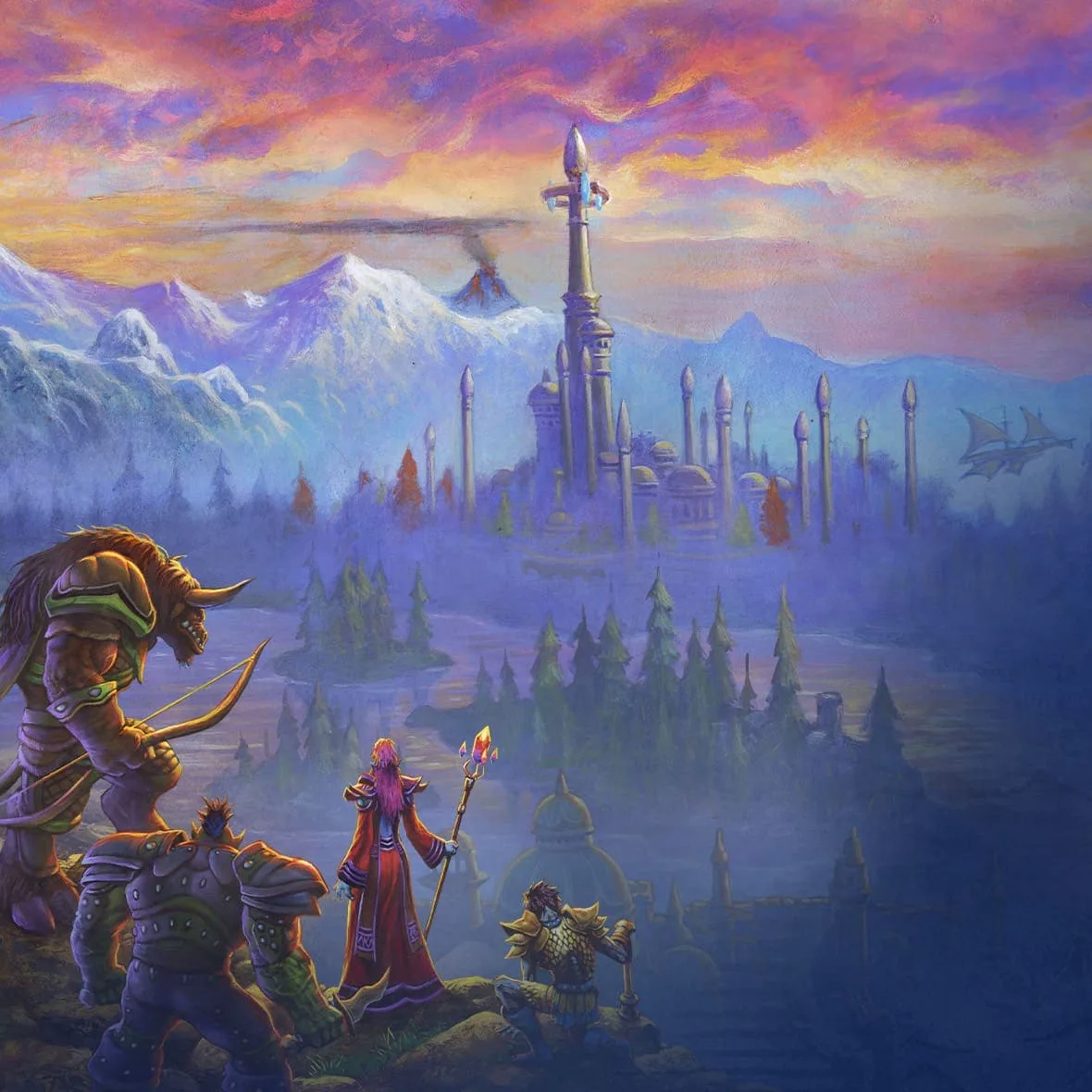 Blizzard's key art for Forever — a mixed party on a ridge above a misted lake city at sunset.